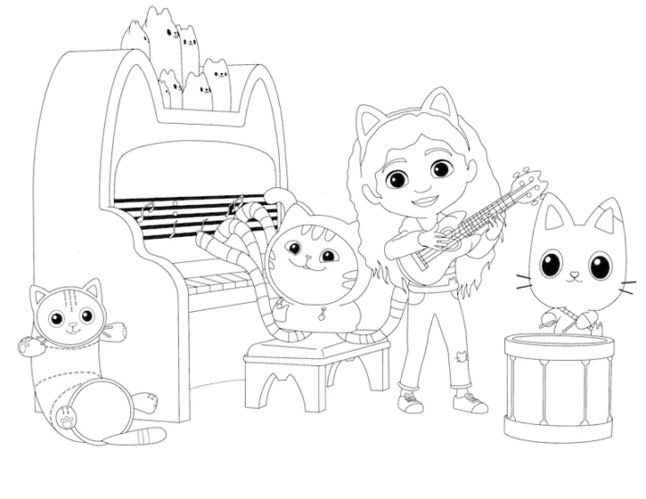 Gabby, Pandy Paws, DJ Catnip and Pillow Cat Coloring Page - Free Printable Coloring Pages