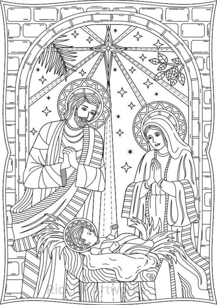 3 Christmas Coloring Pages - Yuletide Gifts, Toys, Lantern Drawings - Nativity Scene - Holy Family - Digital Download