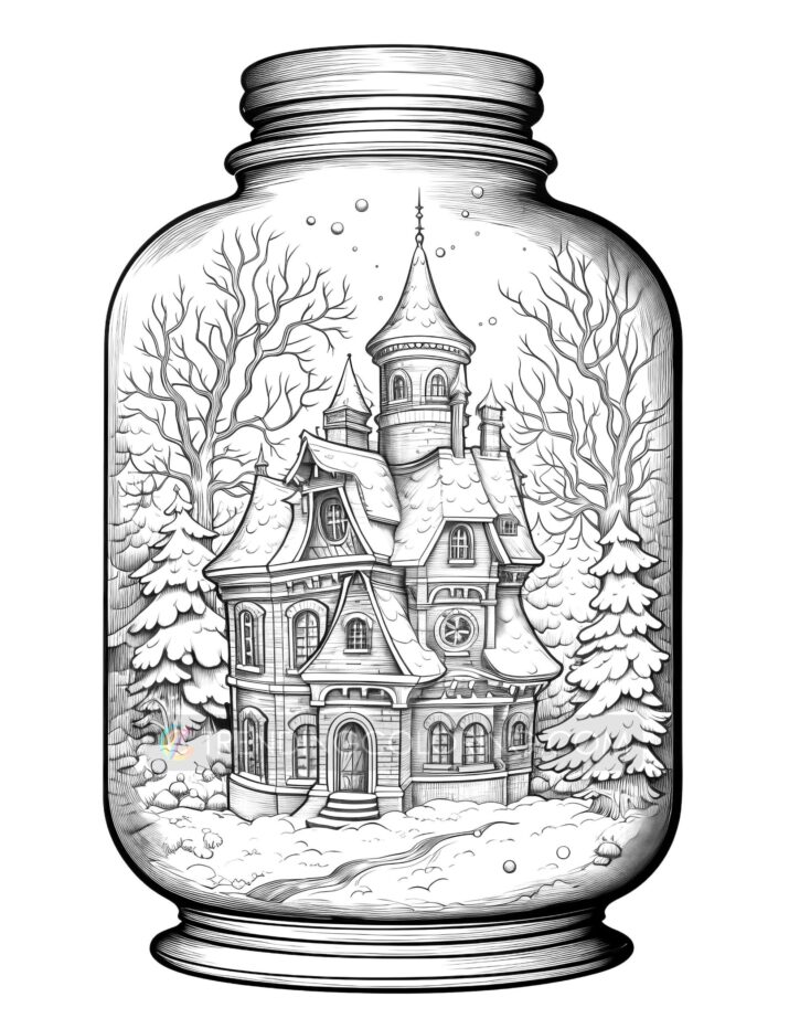 50 Snow House In Jar Grayscale Coloring Pages - Instant Download - Printable Dark/Light