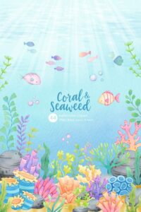 Coral and Seaweed Watercolor Clipart, Underwater Scene, Ocean Life PNG