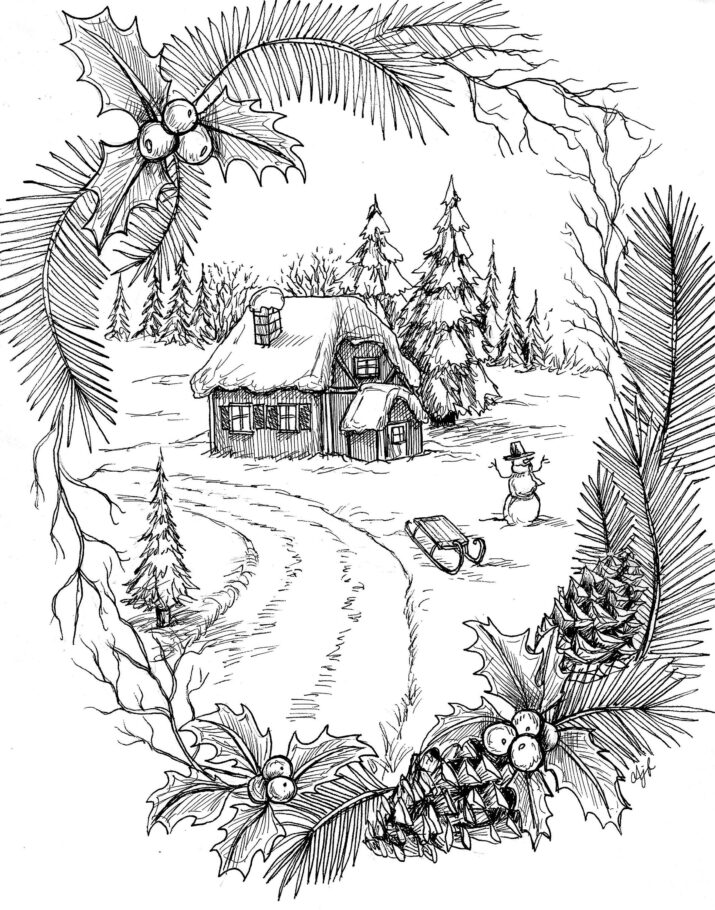 Downloadable Christmas winter scene Coloring Page