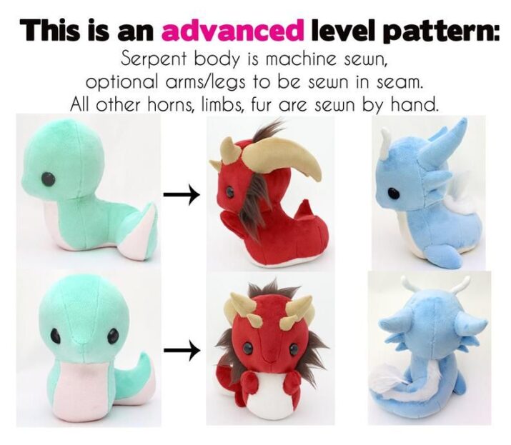 Plush sewing pattern Dragon Snake stuffed animal - bundle chibi kawaii plush plushie serpent basilisk leviathan