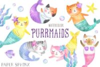 Cat Mermaid Clipart | Watercolor Purrmaid Clipart - Kawaii Mercat Clipart - Mermaid Kitty, Pastel Mermaid Cats - Digital PNG Files