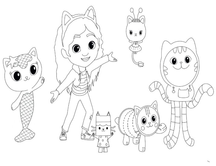 Gabby's Dollhouse digital download coloring sheet with Gabby and all her friends