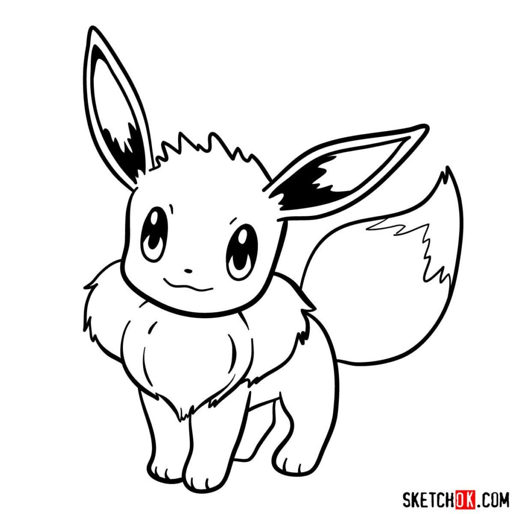 How to draw Eevee pokemon - Sketchok easy drawing guides - HappyAllKids.com