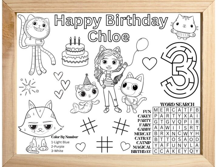 Personalized Gabby Dollhouse Placemat, Gabby Dollhouse Birthday Coloring Page, Pandy Party Favors, Gabby's Dollshouse Activity Sheet, Games