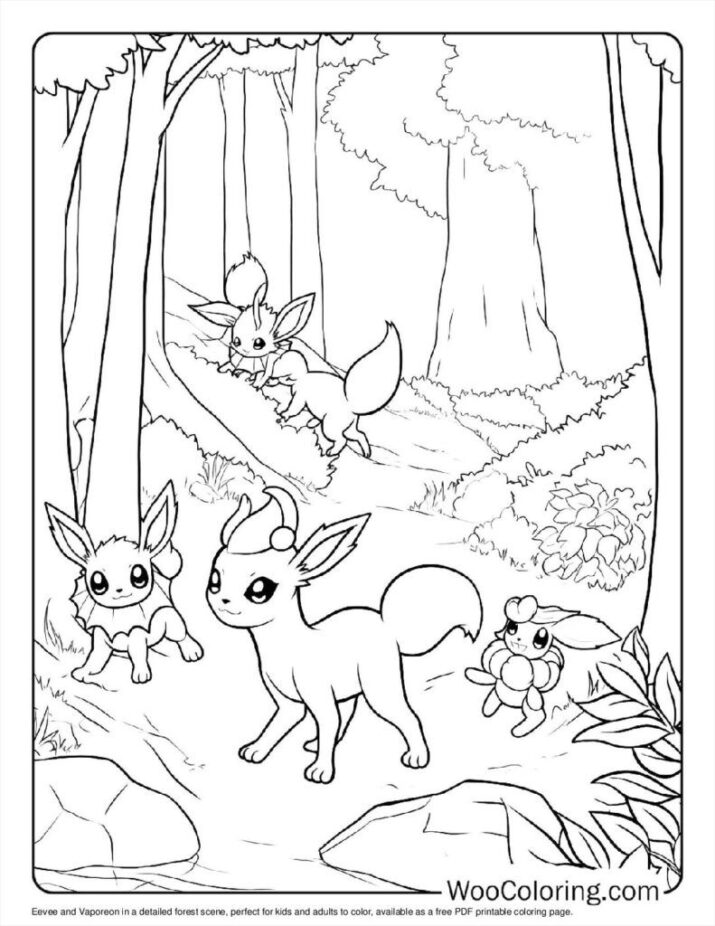 Eevee and Vaporeon Forest Coloring Page