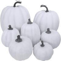 7 Pcs Assorted Sizes Fall Artificial Pumpkins Harvest Pumpkins Faux Foam Pumpkins for Fall Autumn Season Halloween Thanksgiving Harvest Holiday Season Festive Tabletop Decoration (White)