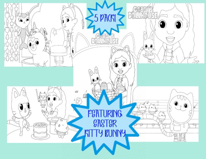 Five Pack of digital Gabbys Dollhouse with Easter Kitty Bunny coloring downloads!