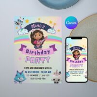 Gabby's Dollhouse Birthday Invitation Editable Template, DIY Customizable Invite, Printable Download