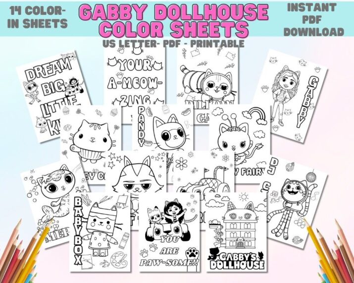 Gabbys Dollhouse Inspired Color In Sheets - Instant Download - PDF Download- Gabbys Doll house, Gabbys Dollouse, Cat dollhouse