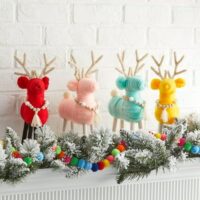 "Holiday Time Bright Yarn Reindeer Tabletop Decorations, 13" High, 4 Count, Size:One size, Red"