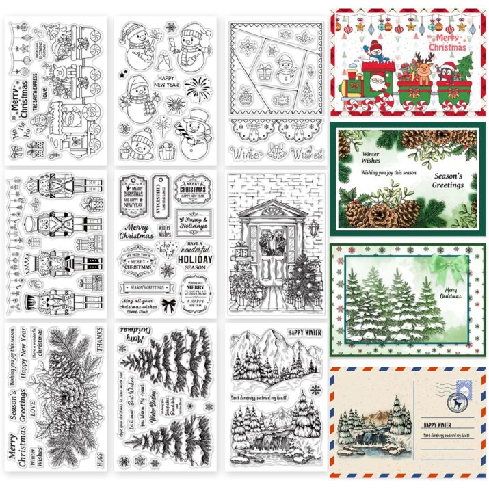 ORIGACH 9 Sheets Different Style Winter Christmas Clear Stamps Silicone Transparent Stamps for Card Making Decoration and DIY Scrapbooking