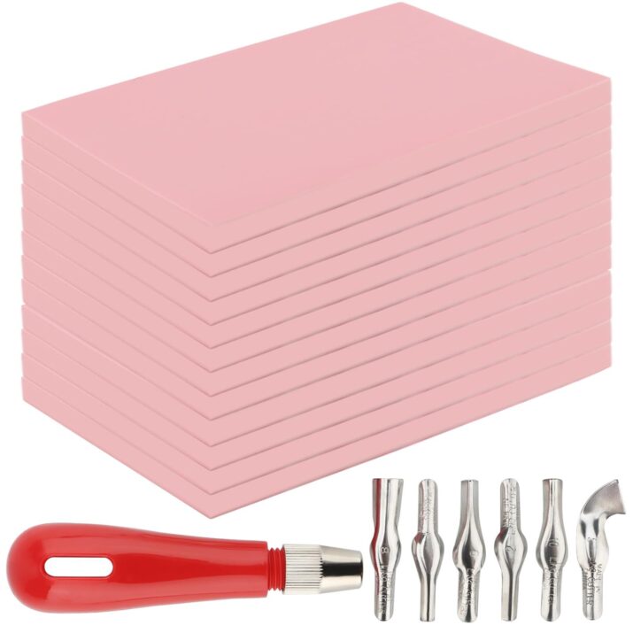 ZOENHOU 12 Pcs 4" x 6" Pink Rubber Carving Blocks, Soft Rubber Crafts Rubber Stamping Blanks with Carving Tools, Linoleum Blocks for Printmaking