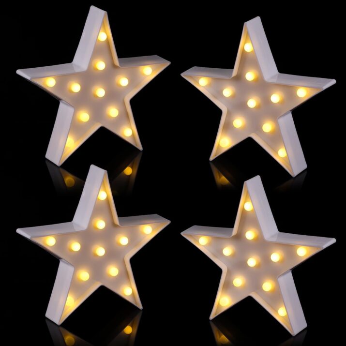 4 Pcs Star Plastic Night Light Battery Operated LED Marquee Star Sign Star Shaped Party Movie Theater Decor Room Wall Lamp for Kids Baby Child Girl Gifts, Birthday Party Christmas Home Bar (White)