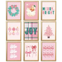 AnyDesign Pink Christmas Wall Art Prints Vintage Santa Xmas Tree Posters Merry Bright Paper Wall Arts for Living Room Bedroom Decor, 9 Sheet, 8 x 10 Inch, Unframed