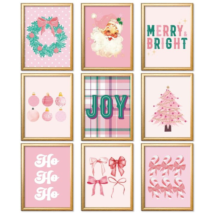 AnyDesign Pink Christmas Wall Art Prints Vintage Santa Xmas Tree Posters Merry Bright Paper Wall Arts for Living Room Bedroom Decor, 9 Sheet, 8 x 10 Inch, Unframed