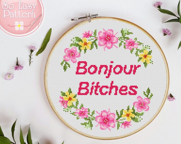 Bonjour Bitches Subversive cross stitch Pattern Funny Cross stitch PDF Quote cross stitch Sarcastic Ironic cross stitch Modern xstitch chart