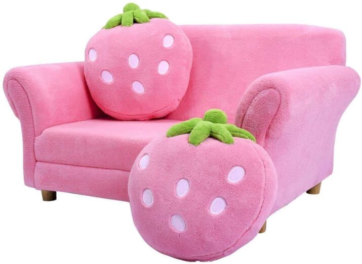 GLACER Kids Sofa with 2 Pillows, Pink Toddler Couch with Wooden Frame and Coral Fleece Surface, Toddler Lounge Bed 2 in 1, Baby Sofa Chair Children Armchair for Girls