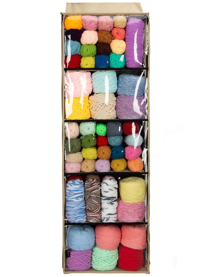 Hanging Yarn Storage Knitting Organizer Storage with 5 Compartments, Clear Wall Display Bulk Yarn Organizer for Knitting Needles, Crochet Hooks(Large Size) (Linen)