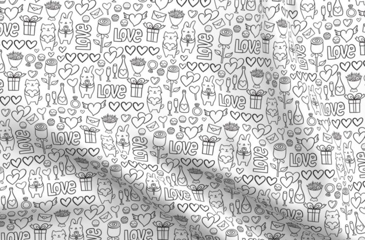 Spoonflower Fabric - Bunny Cat Rose Love Romantic Doodle Valentines