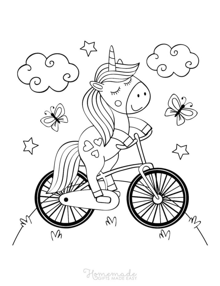 Unicorn Riding Bicycle Coloring Page